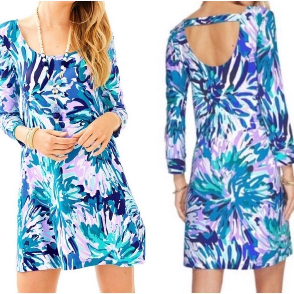 Lilly Pulitzer Emma Serene Blue Big Escapade Off Tropic Flora Tunic Shift Dress